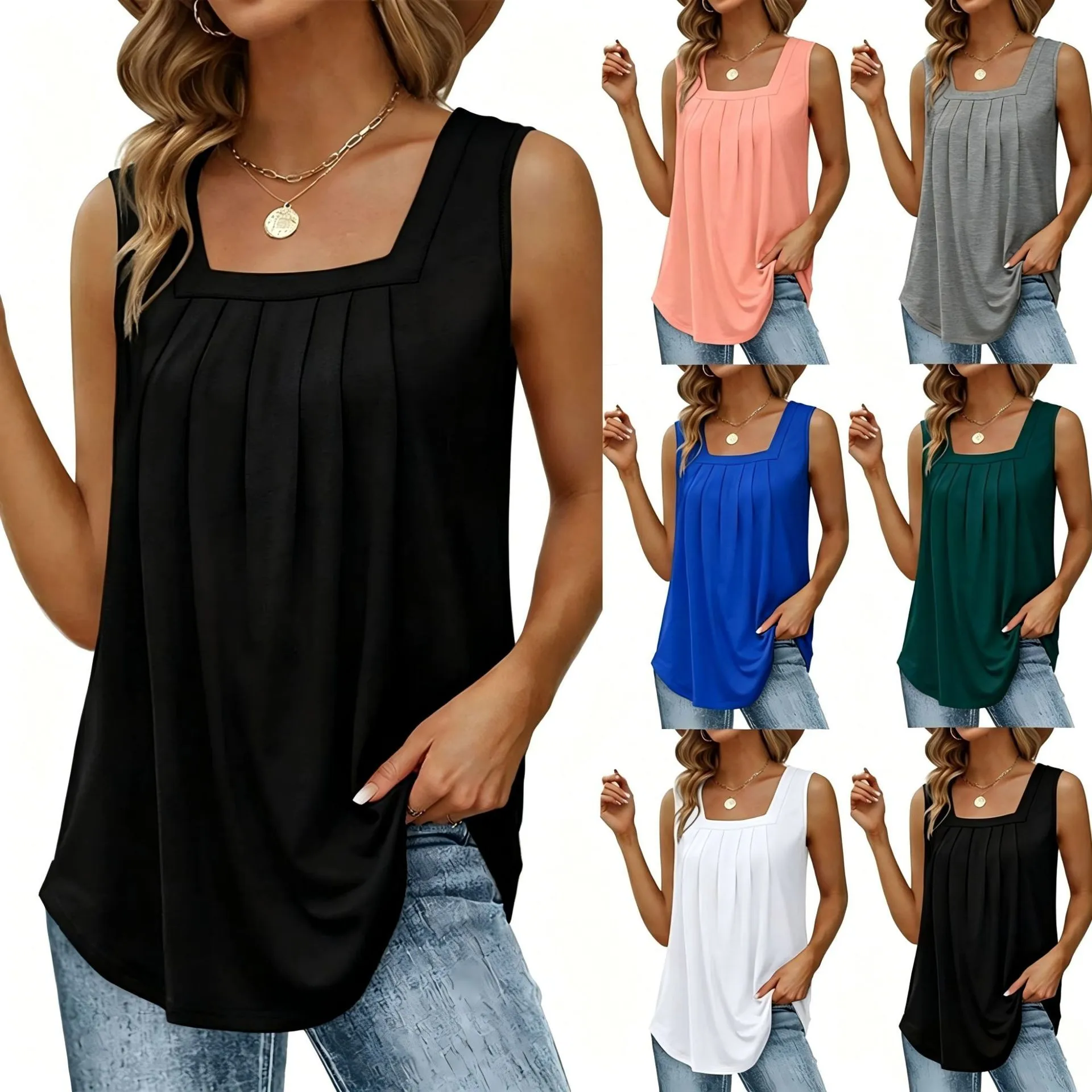 Women Summer Tank Top Square Neck Ruffle Pleated Front Sleeveless Top Coral Pink Vest For Woman Solid Color Loose Fit White