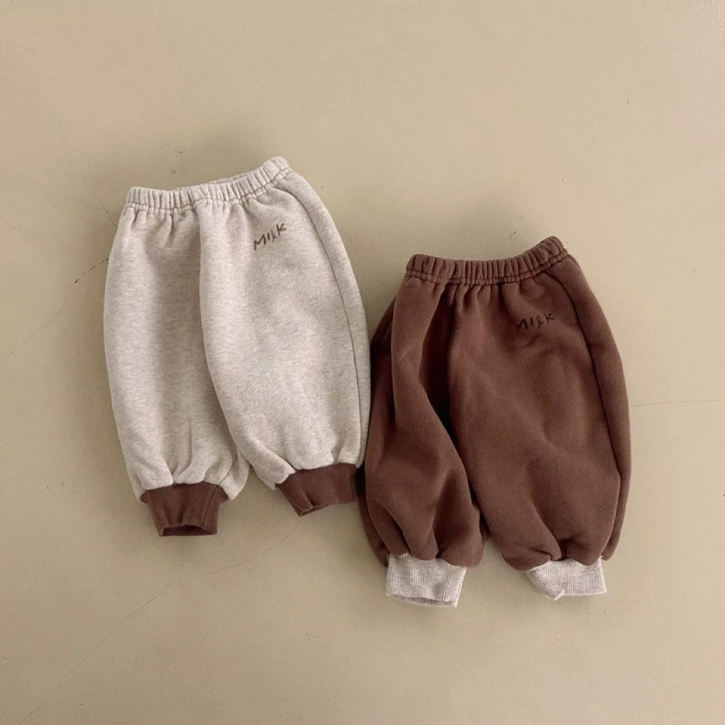 Autumn Winter Boy Girl Infant Plus Velvet Thick Pants Children Retro Sweatpants Kid Fleece Warm Casual Pants Baby Cotton Trouser