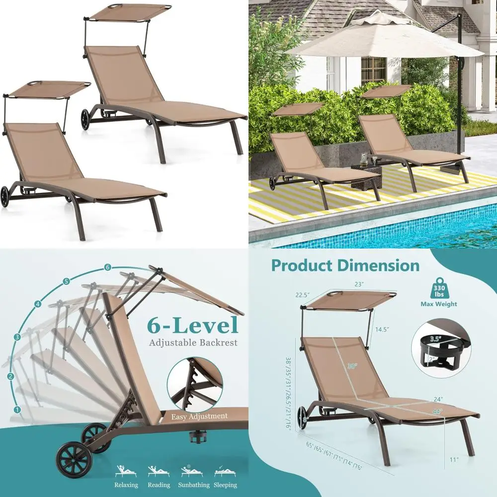 كرسي تسمير بمظلة قابلة للتعديل في الهواء الطلق مع عجلات وحامل أكواب، كرسي كرسي متنقل لمنطقة الفناء وحمام السباحة