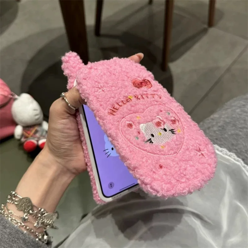 

Cute KT furry Pink Hello Kitty Mirror What About Cashmere Wool Warmth Flip Phone Case For iPhone 11 12 13 14 15 16 Pro Max Cover