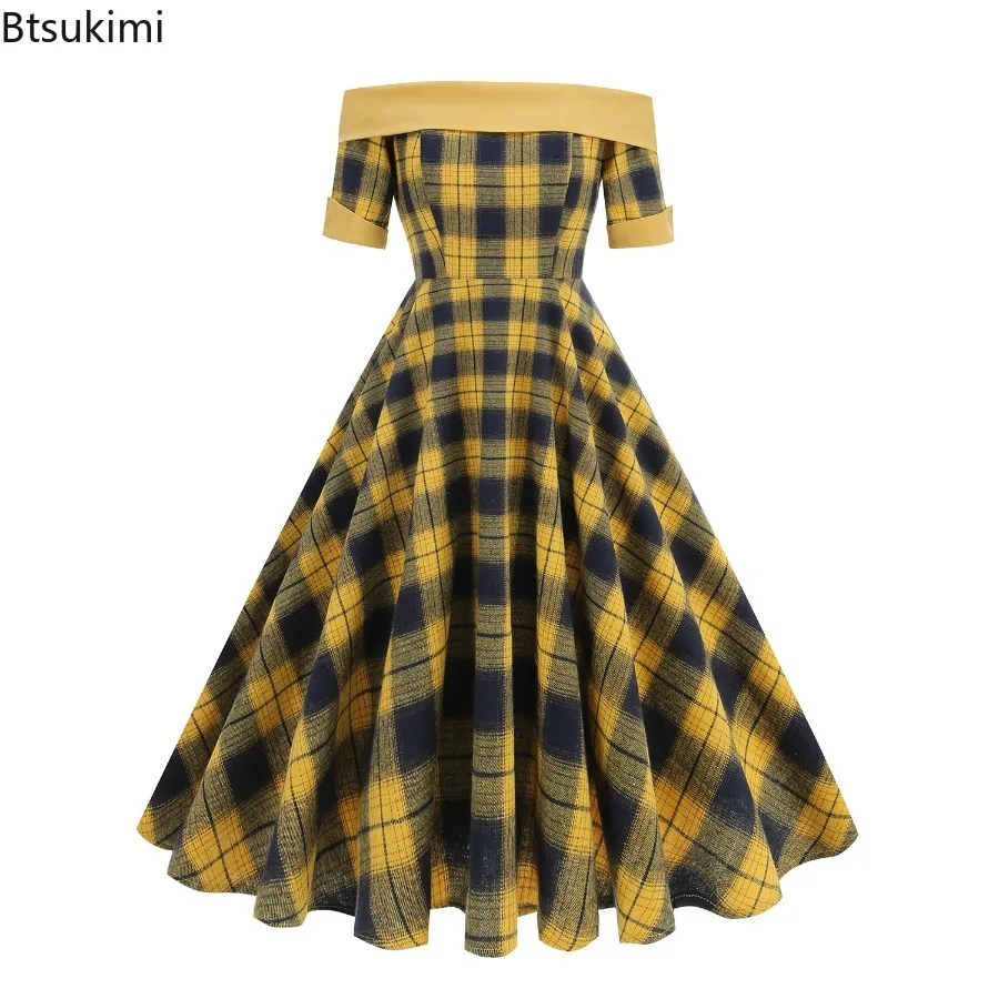 

New 2025 Hepburn Retro Off The Shoulder Plaid Rockabilly Dresses Vintage Summer Elegant Evening Christmas Party Dress for Women