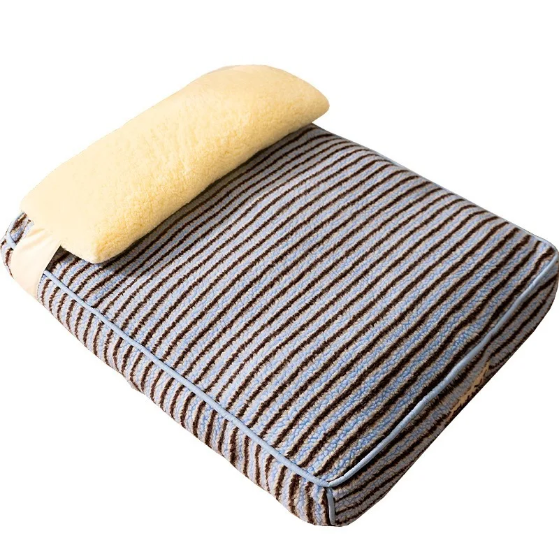 

Cat Bed Dog Beds Winter Plush Thick Cushion Striped Mattress Pillow Neck Support Washable Removable Cover Nonslip Base Cozy Warm
