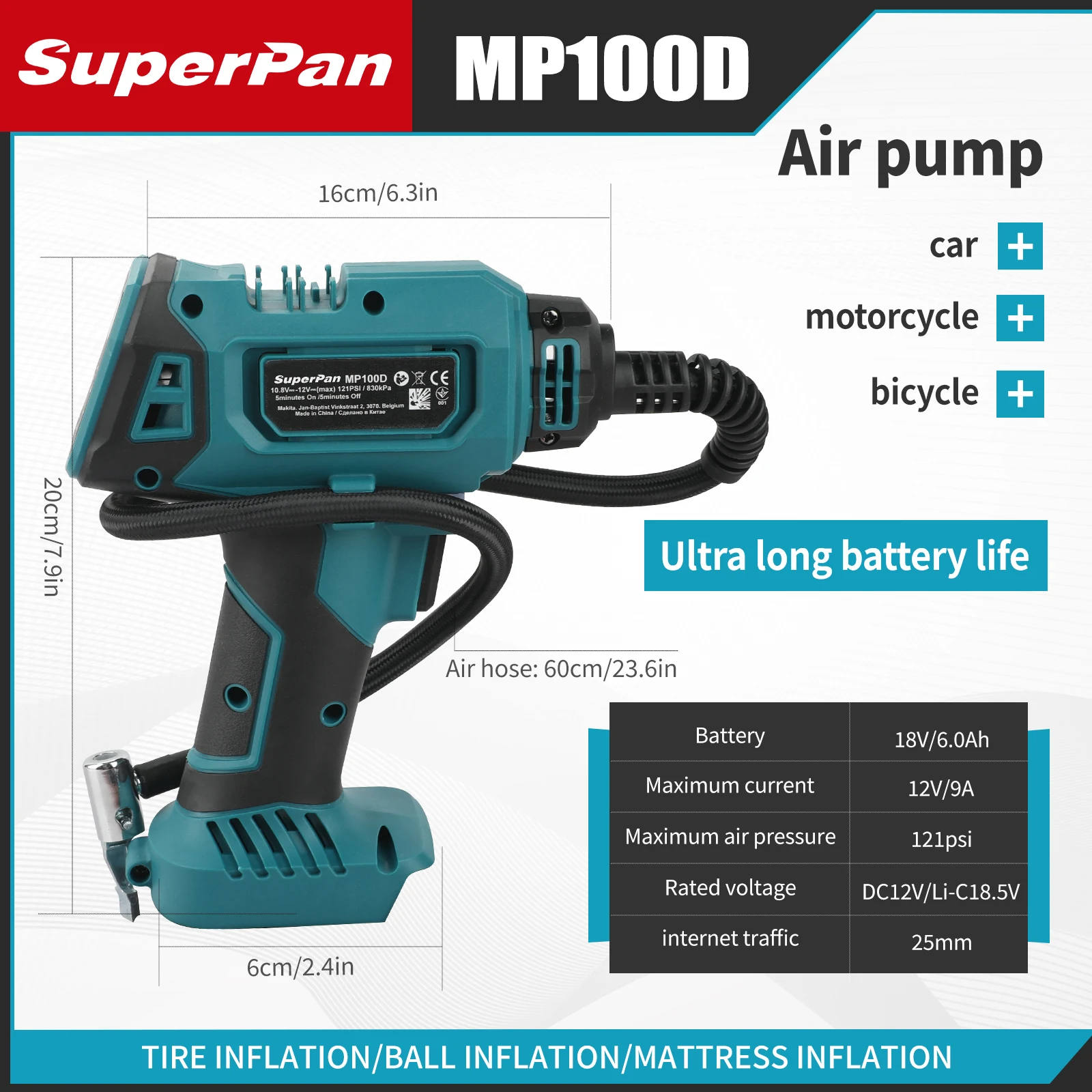 DYS60 Automatic Cordless Inflator Electric Air Pump Car Tire Handheld Air Compressor For Makita 18V Battery (No Battery)