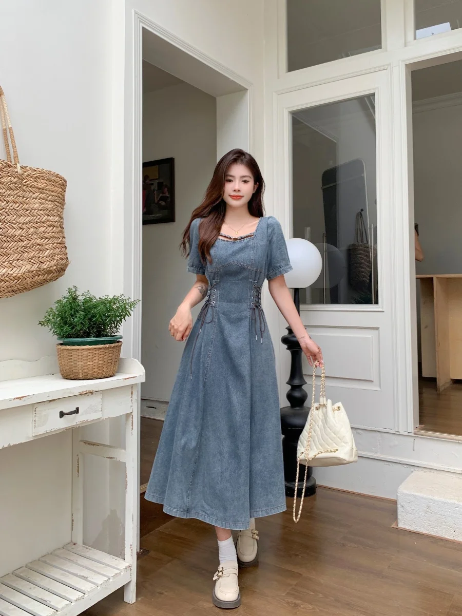 エレガントな薄いデニム半袖ドレス女性の夏大きいサイズ脂肪 MM ウエストシンチ腹カバーロングスクエアカラースカート