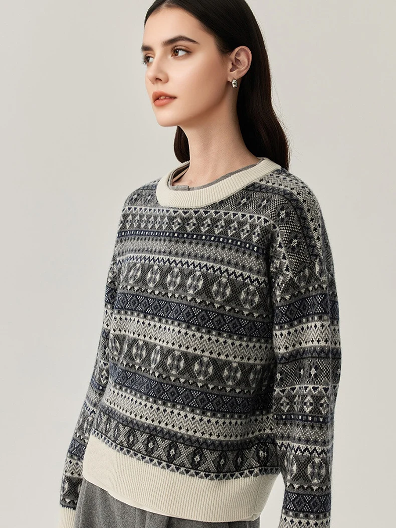 SuyaDream، سترة جاكار نسائية، صوف خروف 100%، رقبة دائرية، بلوفرات دافئة، بلوزة محبوكة لخريف وشتاء 2025، رمادي، بني