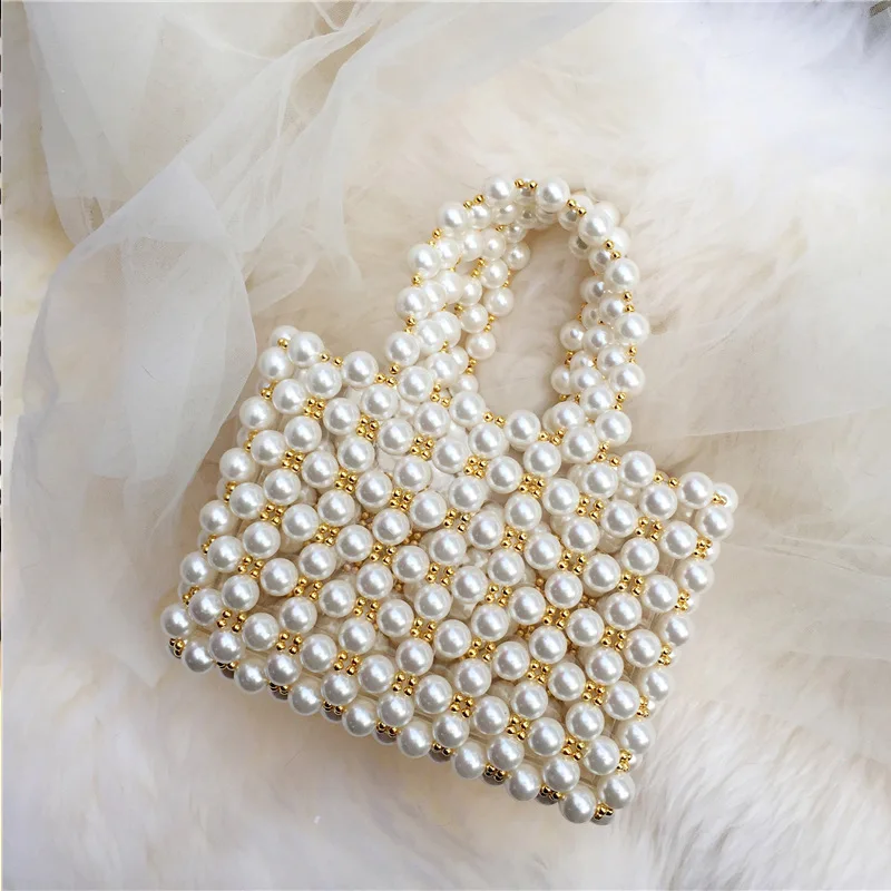 Handmade Beaded Bag White Pearl Gold Small Ball Designer Handbags High Quality Purses and Handbags for Women Square Bag Summer