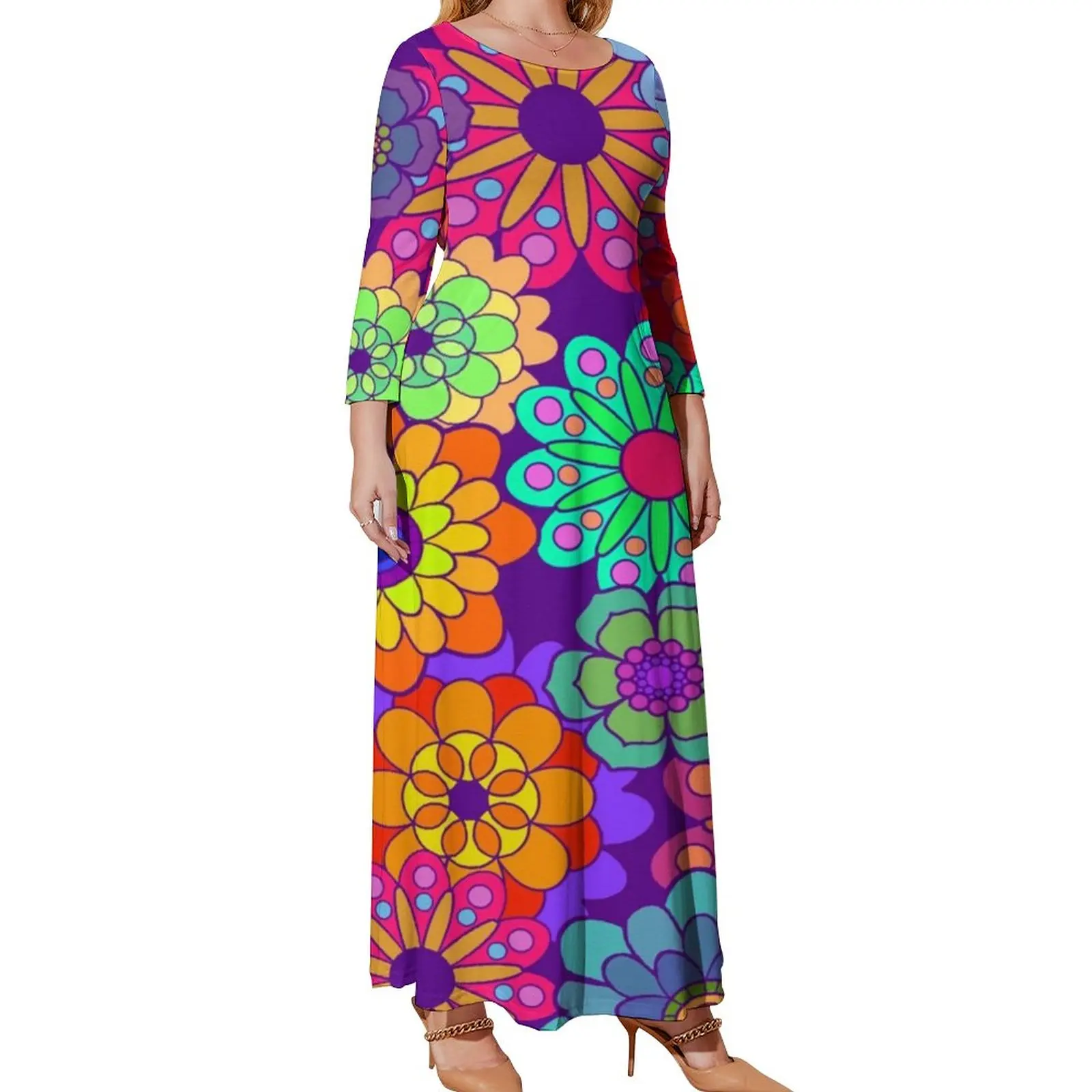 Retro hippy flores vestido de manga longa flor impressão de energia elegante maxi vestido moda gráfico praia vestidos longos plus size 4xl 5xl