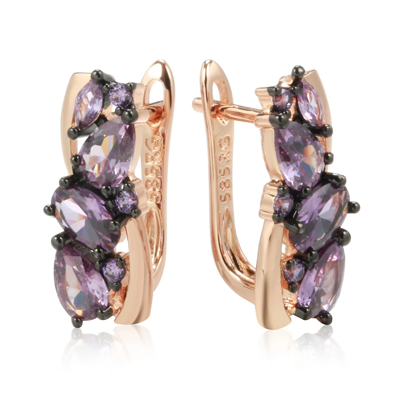 Kinel Luxury Purple Natural Zircon English Earrings For Women 585 Rose Gold and Black Plating Vintage Wedding Daily Wear Jewelry