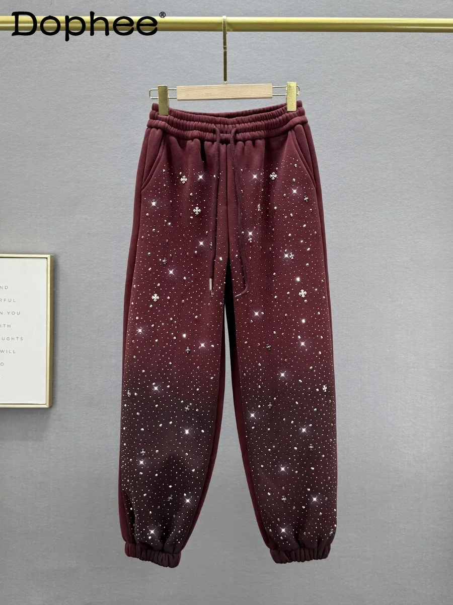 Casual Sweatpants Women's Fleece and Thickened Winter 2024 New High-waisted Loose European Goods Heavy Industry Diamond Trousers