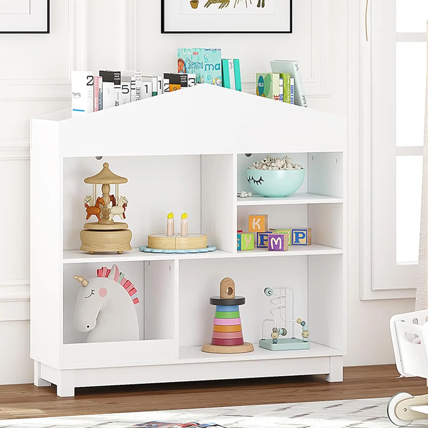 

Kids Bookshelf, Wooden Childrens Bookcases and Toy Storage, Doll House Book Shelves Nursery Book Rack for Classroom Bedroom