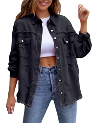 Women Ripped Frayed Button Down Denim Jacket Distressed Long Sleeve Oversize Jean Jacket Going Out Jacket