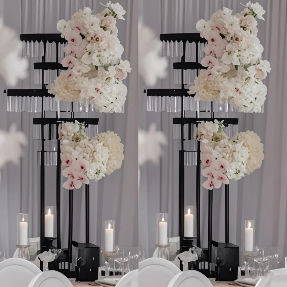 6pcs130cm) Black floral Plinth With acrylic pendent Metal Flower Stand for Wedding Events Backdrop Table Centerpiece Decoration