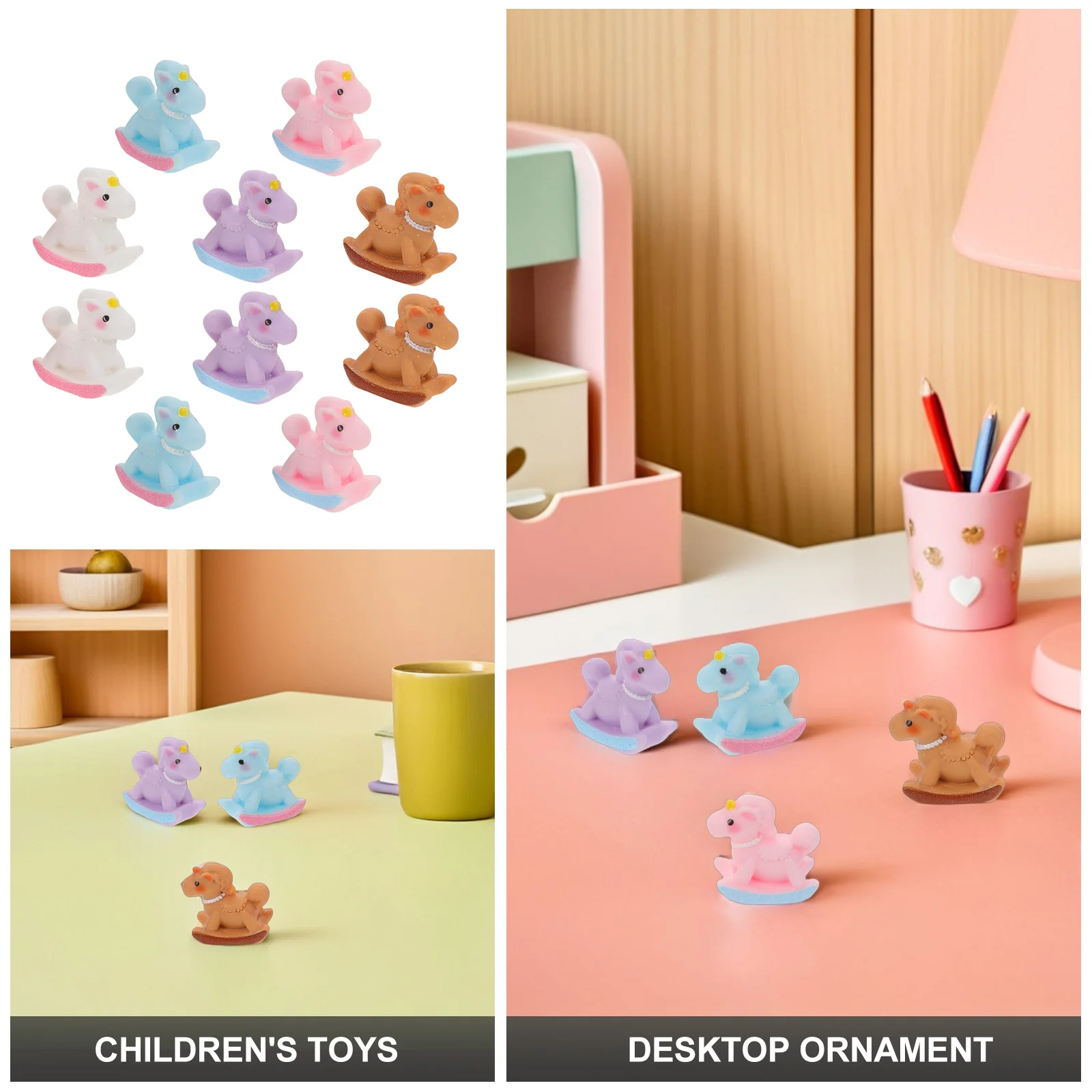 10Pcs Macaron Color Resin Mini Rocking Horse Figurines Miniature DIY Craft Accessories Birthday Cake Toppers Dollhouse Decor