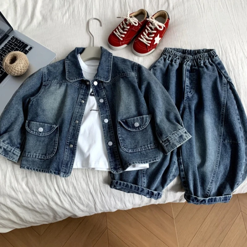 

Set 2026 Spring and Summer New Childrens Clothing Korean Style Boys and Girls Cool Cool White Denim Two-piece Set Simple