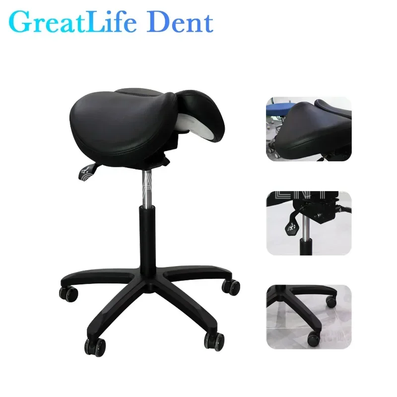 GreatLife Dent Dental Ergonomischer Luxus-Sattel aus Pu-Leder, drehbar, verstellbare Doppelbeinstütze, Stummschaltung mit Radrückenlehne, Klinikstuhl