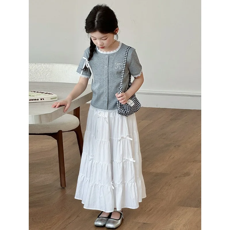 Bellbell Summer 2-14Y Children Girls Outfit Bow Fake Button Kids Girl Short Sleeves Suits Junior Girls White Skirts 2PCS Set