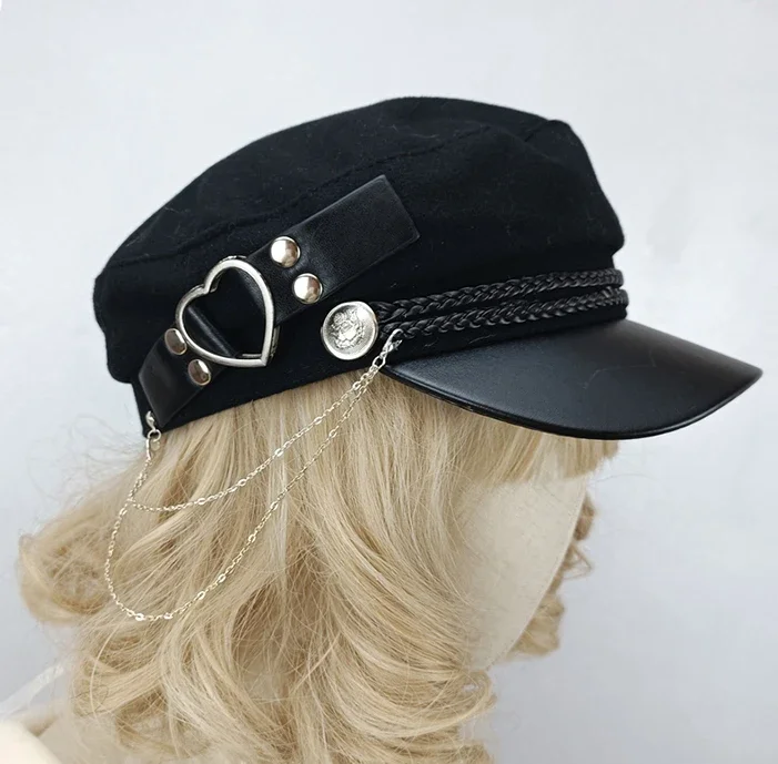 Popular Female Beret Hat Felt Octagonal Hat with Love-Heart Belt Y2K Women Hat Girls Gothic Lolita-Style Cool Cap