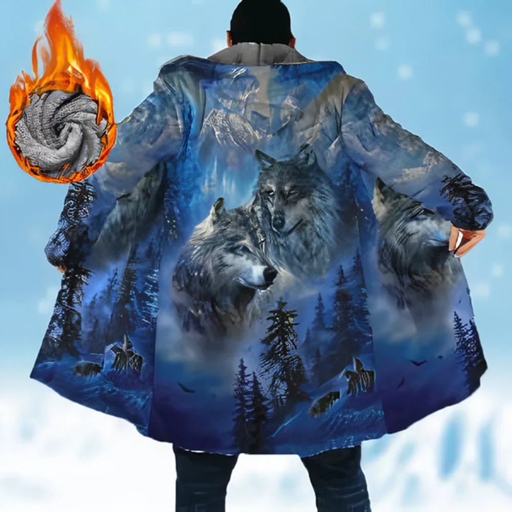 Men's Winter Jacket New Fleeced Long Coats Padding Windbreaker Wolf Ideas Print Zip-up Hoodies Outerwear Parkas Warm Jackets