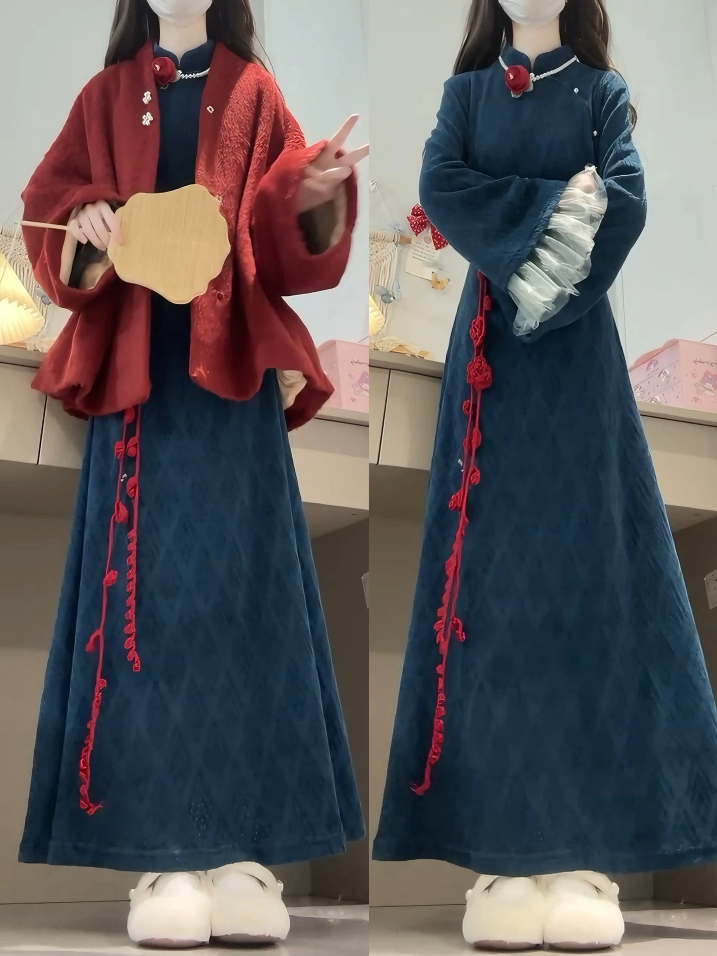 

Красное шерстяное пальто и комплект с юбкой для женщин больших размеров: зимний модный китайский новогодний костюм с завышенной талией и узлами