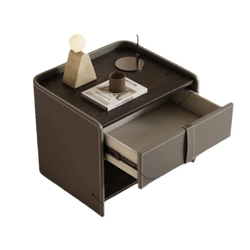 

Italian minimalist solid wood bedside table walnut bedroom saddle leather bedside cabinet