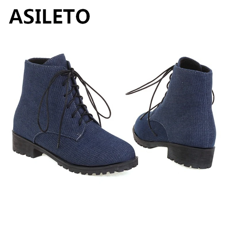 ASILETO Ladies Lace up Denim Mid Calf Boots Flat With Heel Blue Short Women's Winter Boots Jeans Adhesive Women Shoes F1320