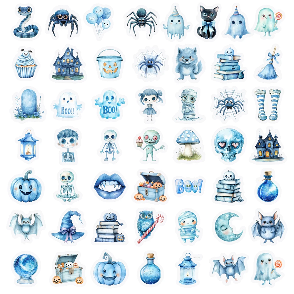 10/30/50pcs Simpatico Cartone Animato Blu Halloween Adesivi Kawaii Fantasma Teschio Decalcomanie per Moto Telefono Valigia PET Adesivo Divertimento per Il Giocattolo