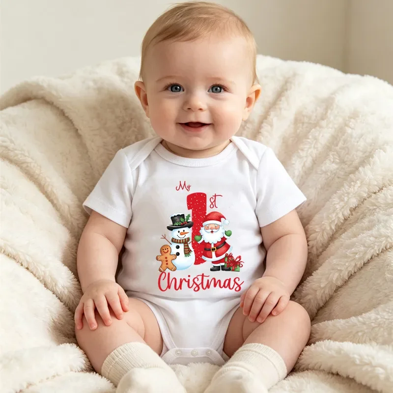 My 1st Christmas Santa Snowman Gingerbread Print Baby Short Sleeve Bodysuit Newborn Romper Infant Christmas Outfit