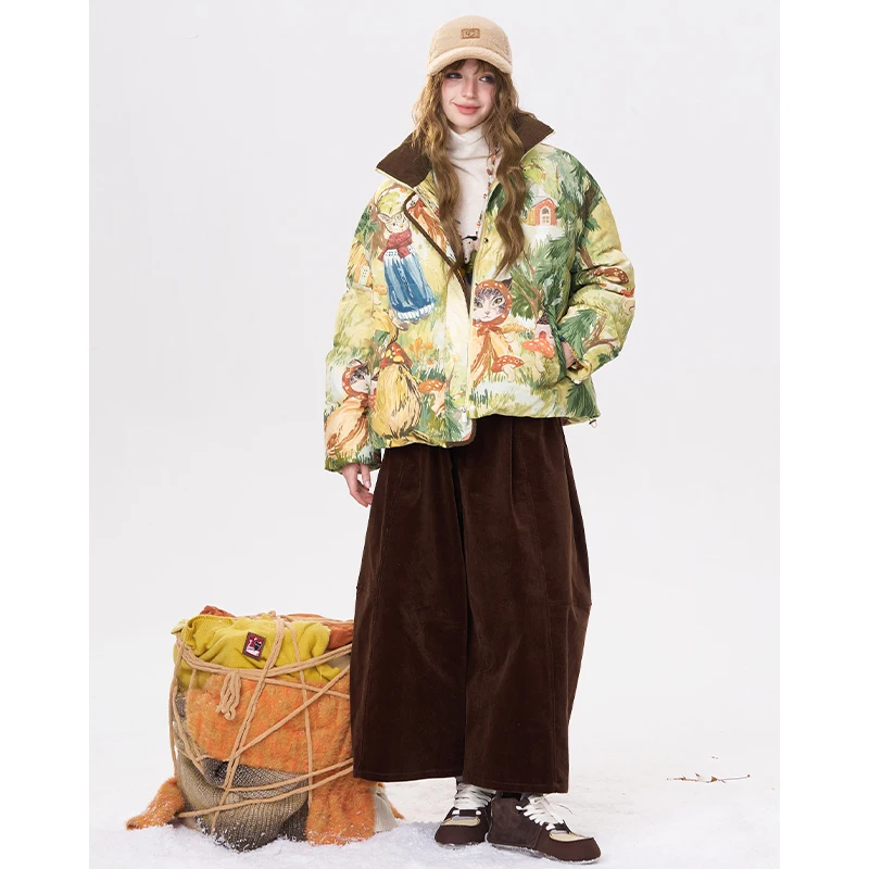 ELFSACK Y2K Cottagecore Loose Forest Animal Graphic Convertible Collar Short Down Jacket For Women
