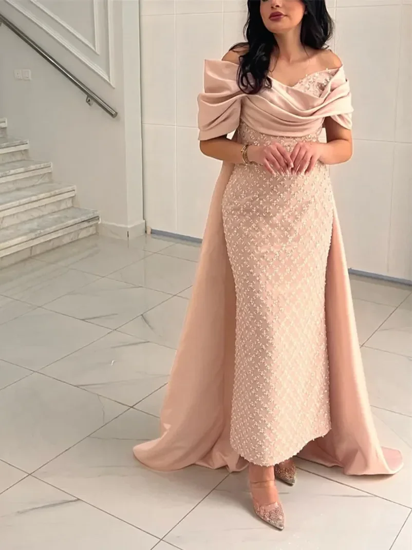 Elegant Ruched Off the Shoulder Sheath Prom Dresses Floor Length Sequin Short Sleeve Formal Evening Gowns платье на выпускной