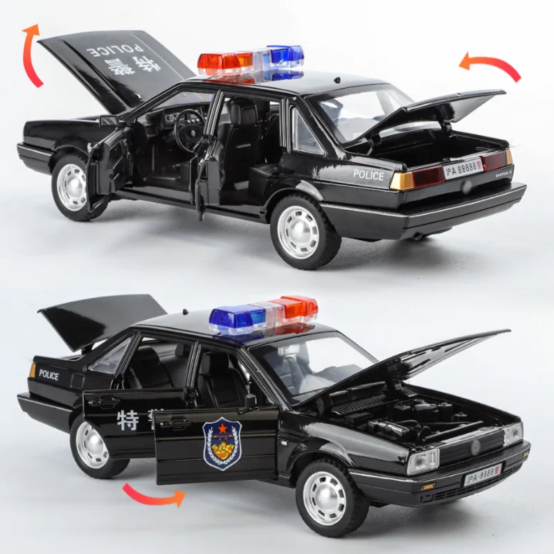 1:32 escala santana liga carro de polícia modelos fundidos portas abertas luz sonora puxar para trás veículo em miniatura para menino ornamento popular