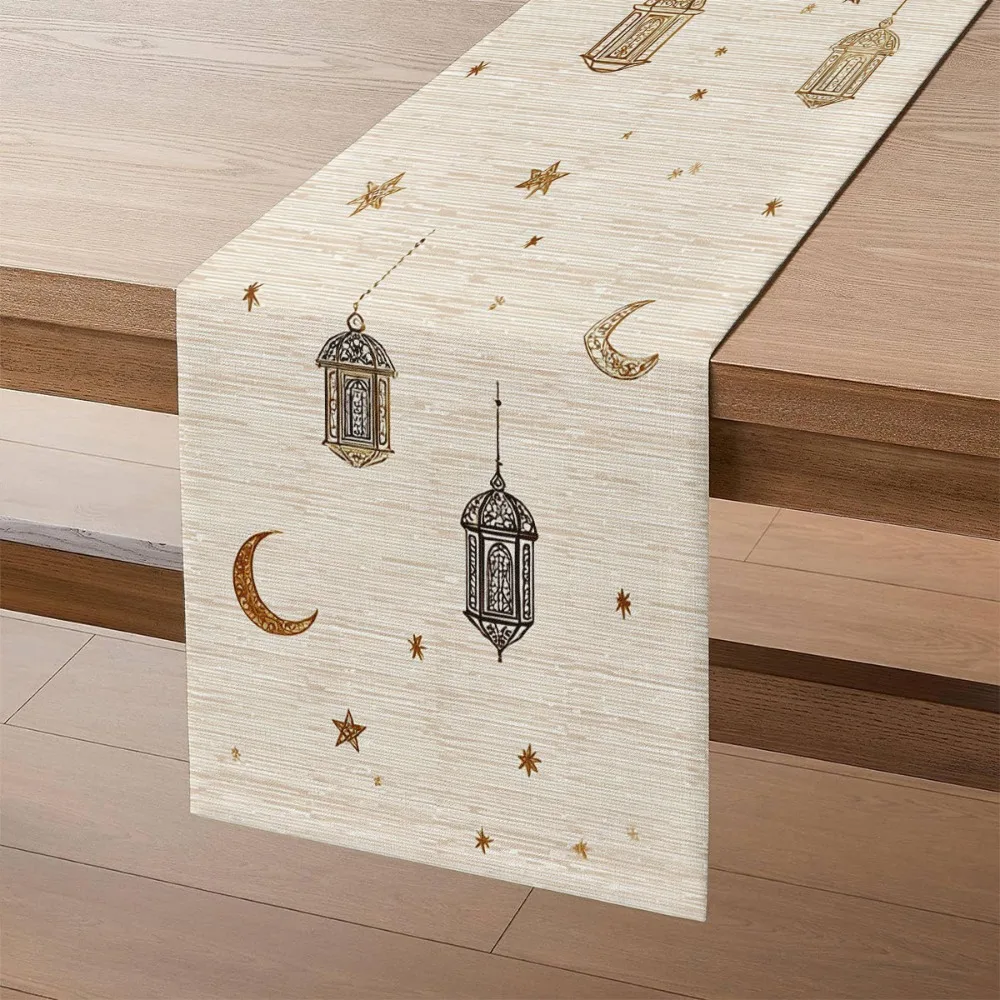 Vintage Ramadan Table Runner Floral Pattern Washable Moon Star Table Runner Traditional Eid Mubarak Table Runner Home Decor