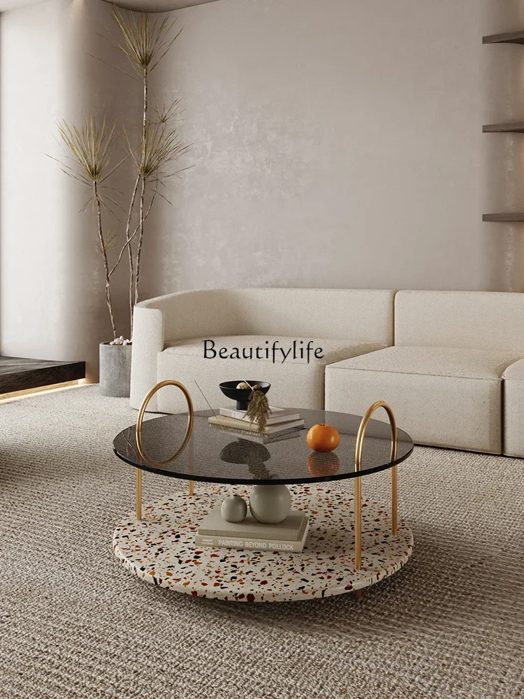 

Nordic coffee table household round modern simple creative design rock slab tempered glass table