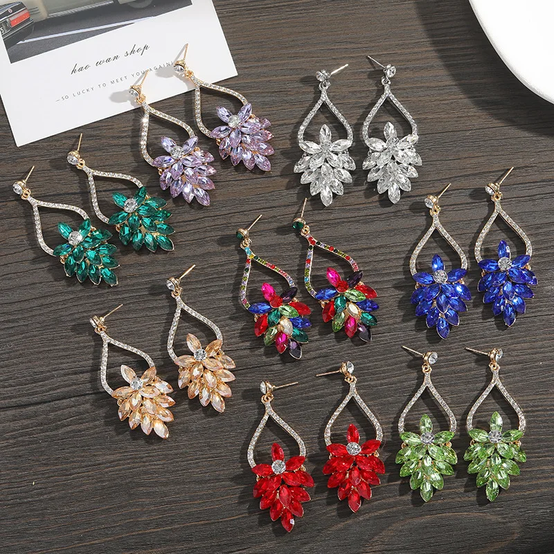Fashion electroplated earrings women's light luxury high-end earrings flash diamond-encrusted alloy flower earrings