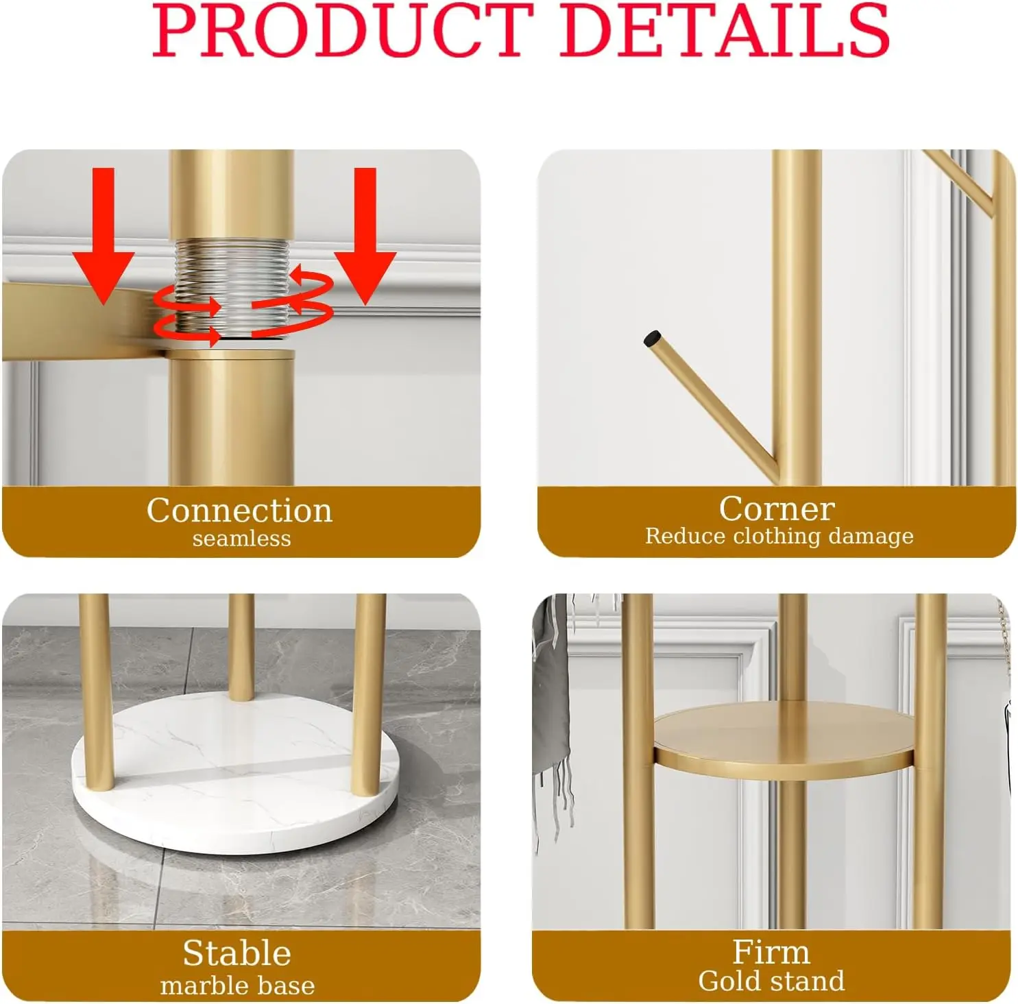 Gold Coat Racks Freestanding with 9 Hooks, Metal Coat Stand with Heavy Marble Base, Entryway Coat Tree Hanger, Purses Racks view 4
