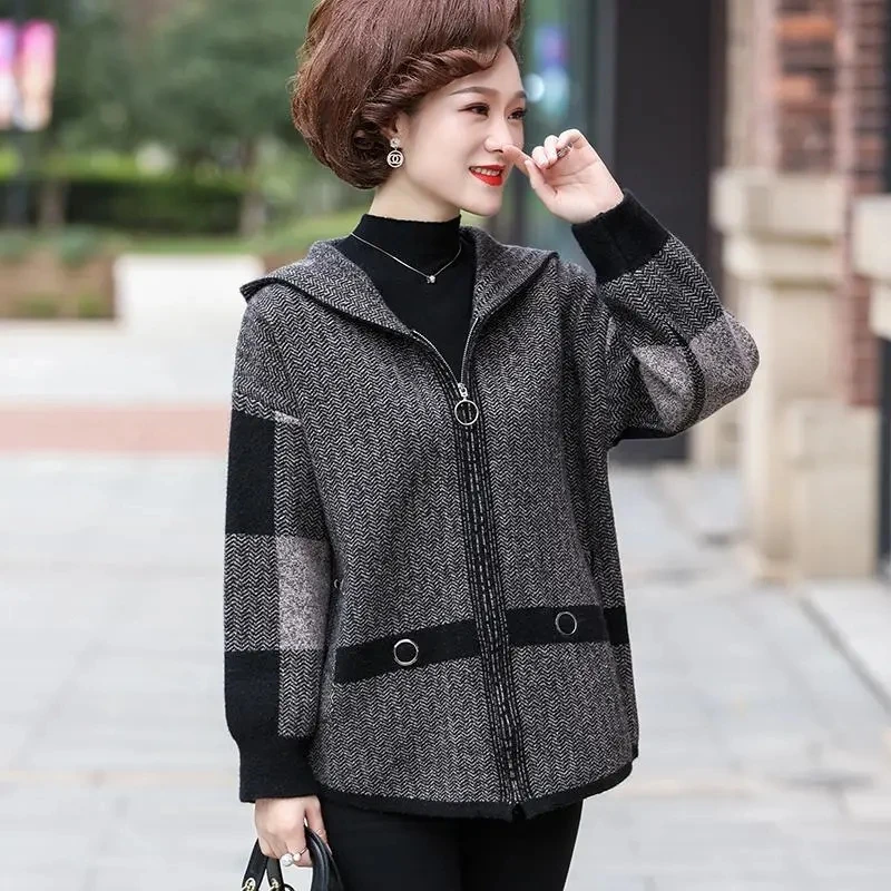 4XL Middle Aged Mother's Double-sided Woolen Coat Spring Autumn Casual Hooded Thick Knitted Cardigan Zipper Sweater Jacket