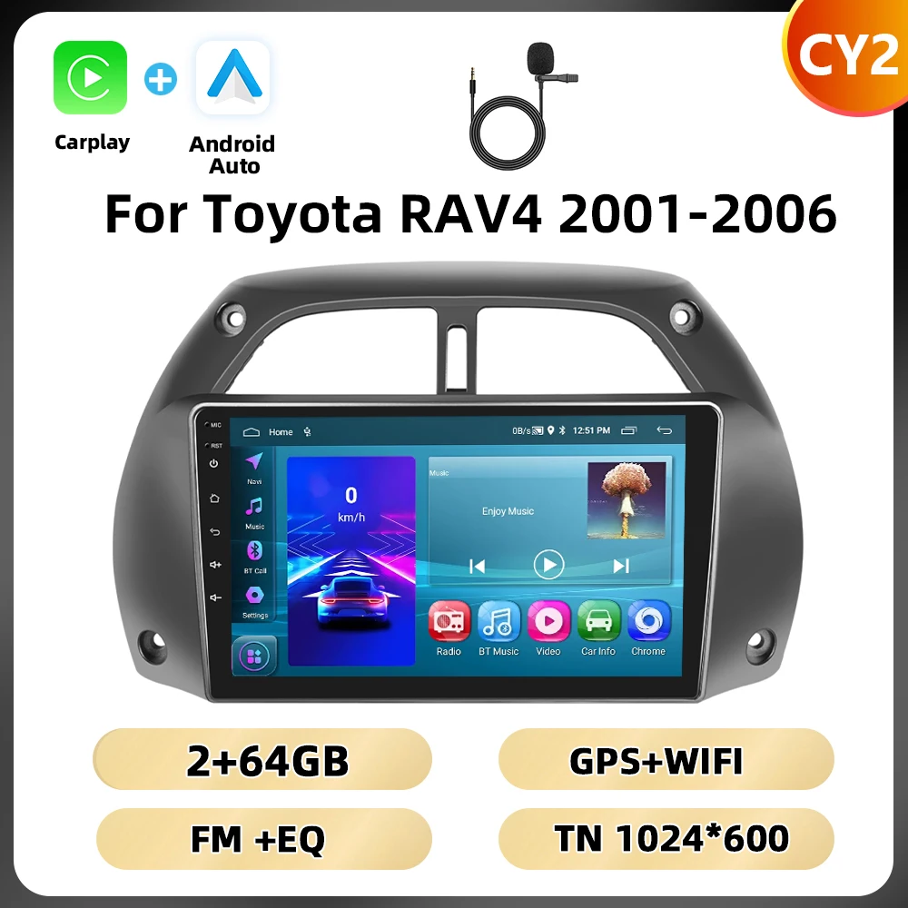 Podofo 8Core 2Din Autoradio Voor Toyota RAV4 2001-2006 Multimedia Speler WIFI 4G AI Voice BT Carplay Android Autoradio RDS