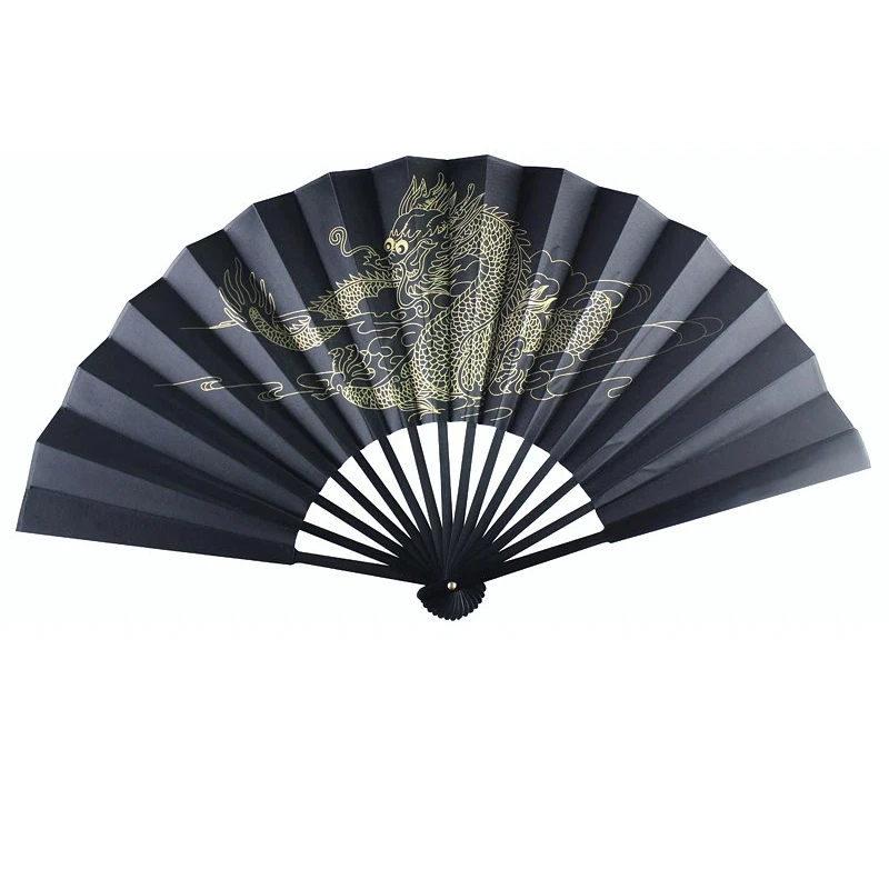 Black Silk Folding Fan with Gold Dragon Pattern Heart Sutra for Men Dance Party Performance Summer Cooling Daily Fan Gift Set