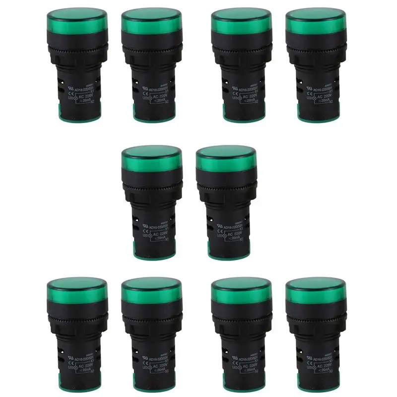 

AB11-10 Pcs AC220V Green LED Power Indicator Pilot Signal Light Lamp 22Mm Dia