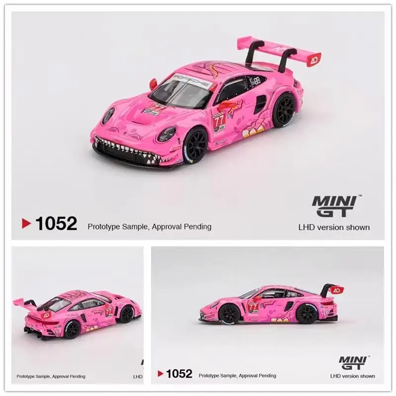 

MINIGT 1:64 Porsche 911 GT3 R 77 Pink Tyrannosaurus Rex Alloy Car Model 1052