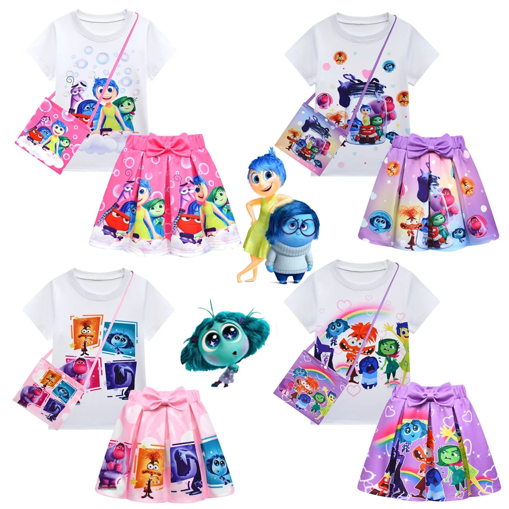 Girls Cosplay Inside Out 2 Joy Envy Costume Cartoon Print T-Shirt+Skirts+Bag Sets Children Birthday Party Toddler Girls Clothes