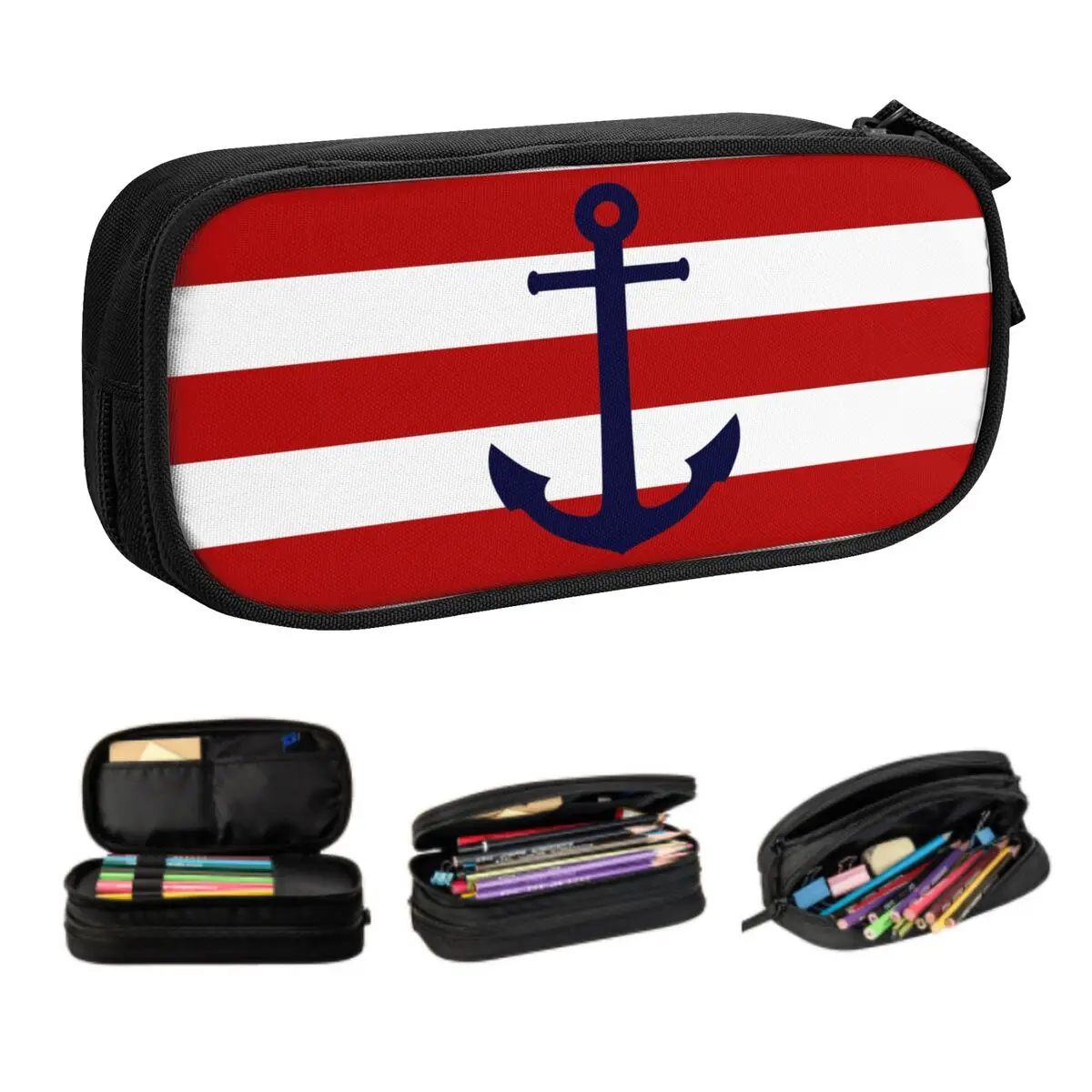 

Custom Nautical Navy Blue Anchor On Red Stripes Pencil Case for Girl Boy Large Storage Sailing Sailor Pen Box Bag Stationery