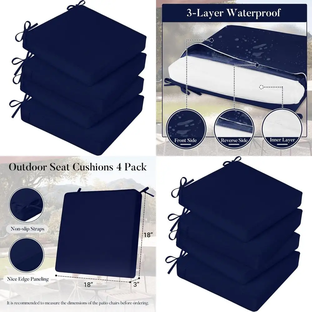 

Набор из 4 водонепроницаемых подушек для садовых стульев, темно-синие, 18 x 18 дюймов, с завязками и ручкой.
