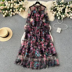 JAMERARY Summer Autumn Long Sleeve Floral Print Prom Dresses Women Layers Cake Dress Female Evening Long Sleeve Maxi Vestidos
