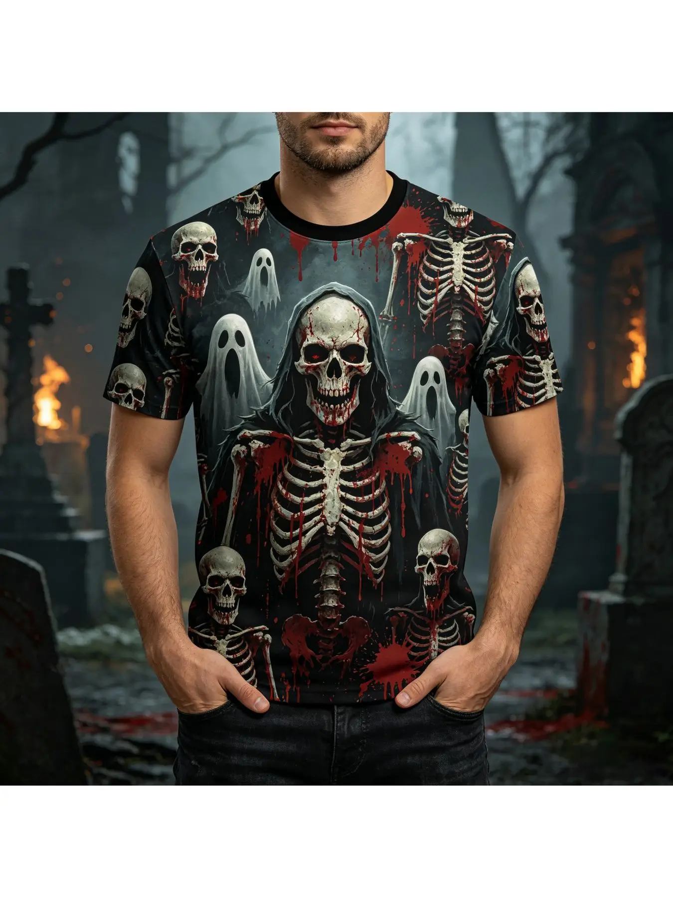 Men Short Sleeve T‑Shirt 3D Skeleton Ghost Graveyard Blood Print Halloween Gothic Horror Casual Party Top