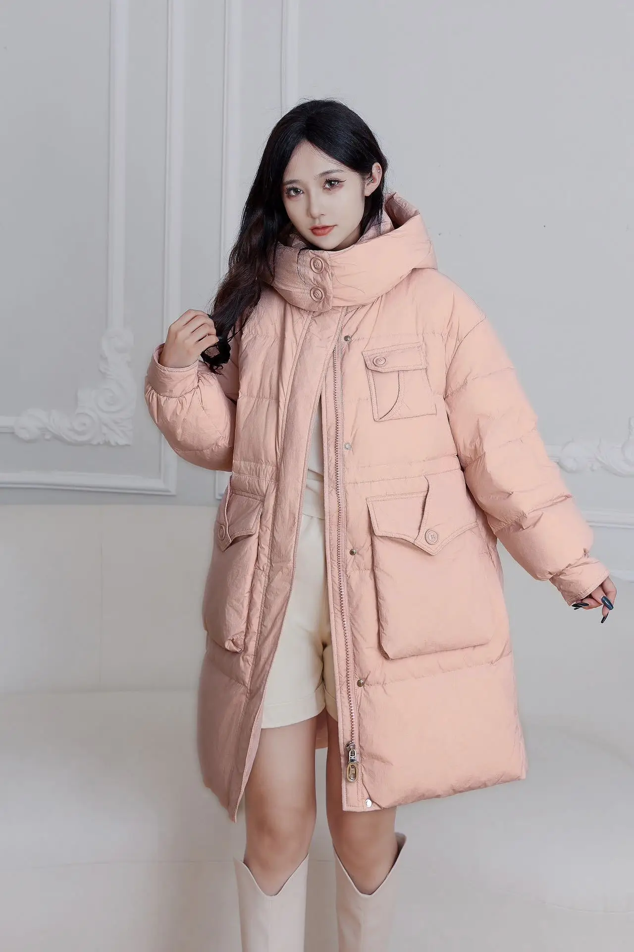 الشتاء مقنعين الدافئة منتصف طول أسفل سترة الإناث سستة رشاقته سترة فضفاضة المرأة الأبيض بطة أسفل متعدد جيب باركر أبلى