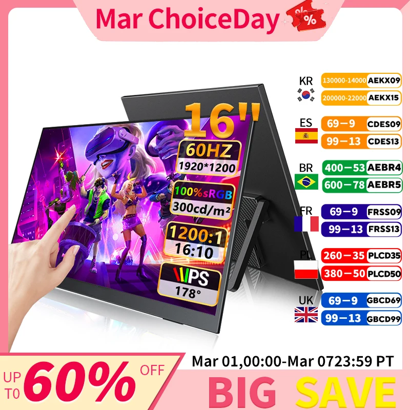 

16" FHD Portable Touch monitor External Display IPS 1200P Screen USB C mini-HDMI for Laptop Mac PC Xbox PS Switch With VESA Hole