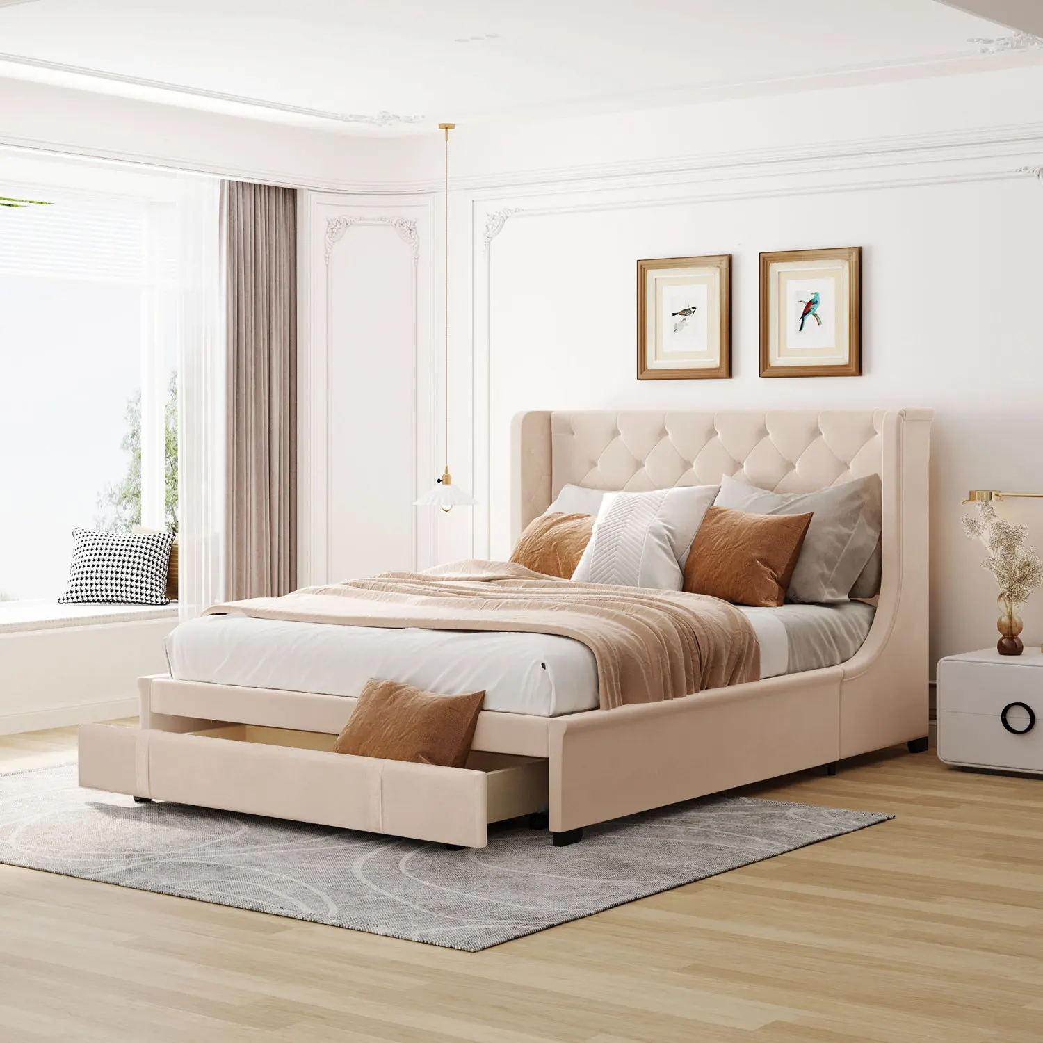 

Queen Size Storage Bed Velvet Upholstered Platform Bed with Wingback Headboard and a Big Drawer (Beige)