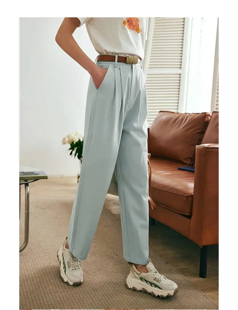 OLrain Women Blue Casual Pants 2025 French Fads High-Waisted Washed 100%Cotton Straight Harlan Pants Women's Pants O23XA69960