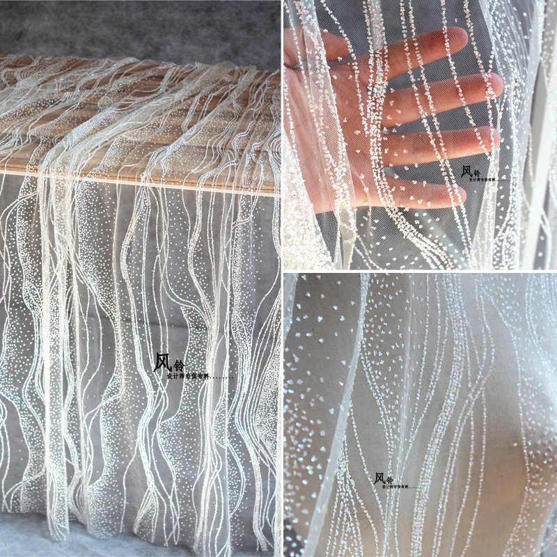 

Bronzing Tulle Fabric White Small Diamond Sequins DIY Background Decor Gown Various Skirt Wedding Dress Cloth Designer Fabric