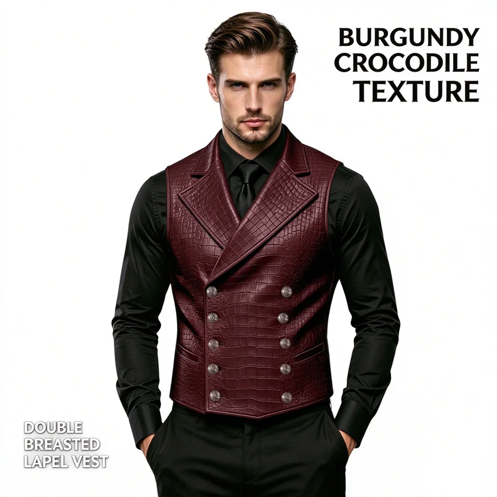 Men's Retro Faux Crocodile Leather Waistcoat Gothic Steampunk Party Stage Wedding Sleeveless Jacket Double Breasted Lapel Vest